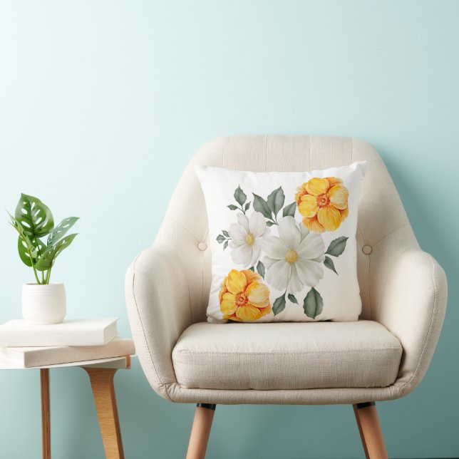 White Yellow Floral Flowers Greenery Accent Throw Pillow (Chair)