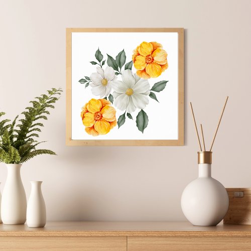 White Yellow Floral Flowers Greenery Wall Art