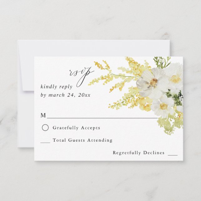 White & Yellow Floral no Meal RSVP 2 Card (Front)