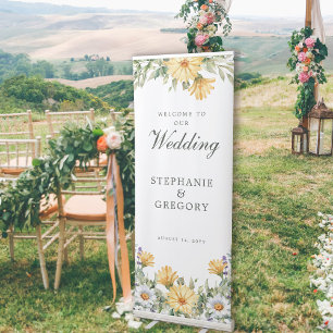 White Yellow Floral Welcome Wedding Retractable Banner