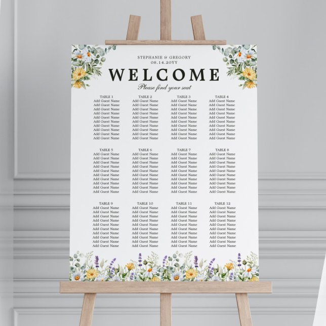 White Yellow Florals Wedding Seating Chart Foam Board (Creator Uploaded)