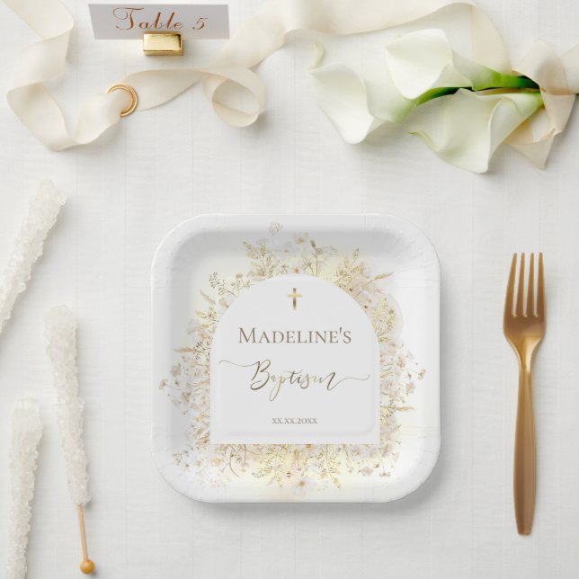 white yellow flowers Baptism  Paper Plates (Wedding)