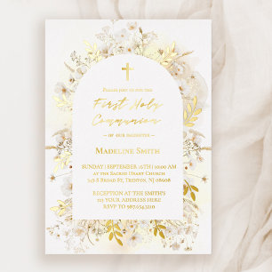 white yellow flowers First Holy Communion Foil Invitation