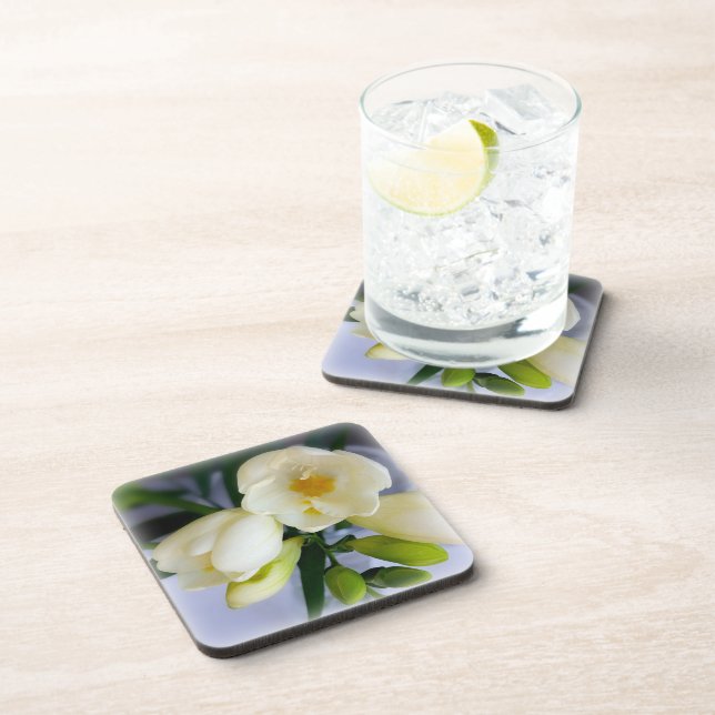 white yellow freesia beverage coaster (Right Side)
