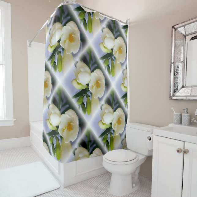 white yellow freesia shower curtain (In Situ)
