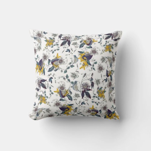 White Yellow Garden Passiflora Floral Pattern Throw Pillow