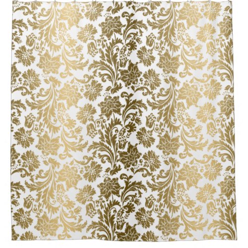 White  Yellow Gold Floral Damasks Pattern Shower Curtain