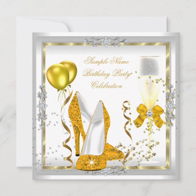 White Yellow Gold Glitter Heels Birthday Party Invitation (Front)