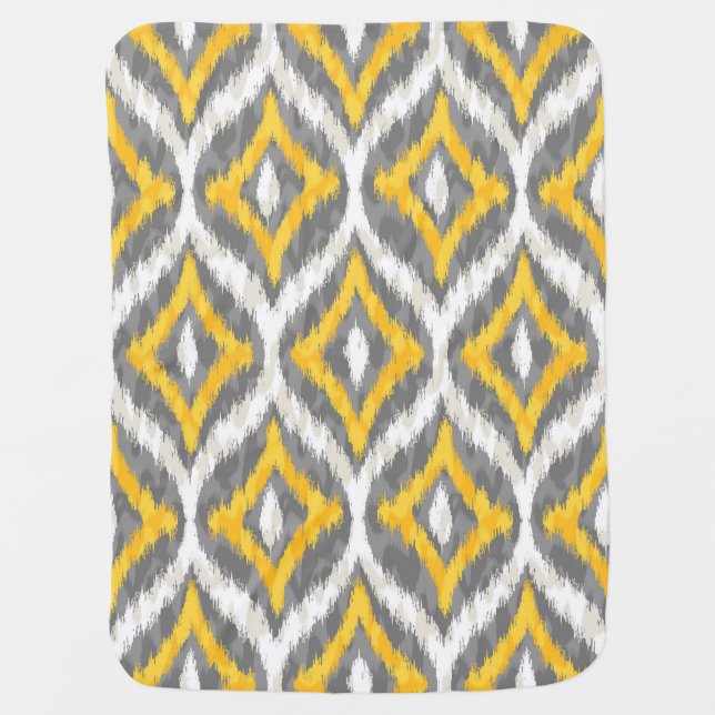 White & Yellow & Gray Quatrefoil Ikat Pattern Swaddle Blanket (Front)
