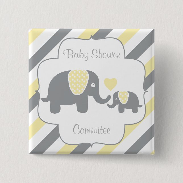 White, Yellow & Gray Stripe Elephants Baby Shower Button (Front)