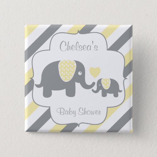 White Yellow  Gray Stripe Elephants Baby Shower Button