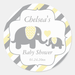 White, Yellow & Gray Stripe Elephants Baby Shower Classic Round Sticker