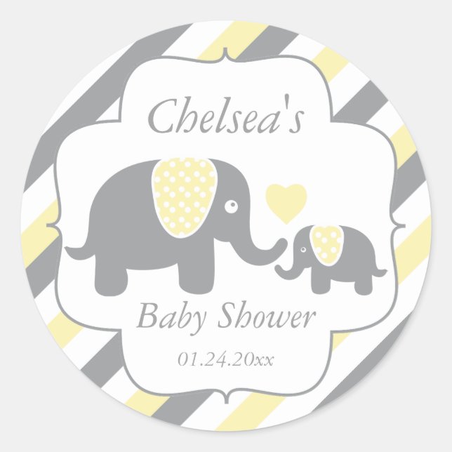 White, Yellow & Gray Stripe Elephants Baby Shower Classic Round Sticker (Front)