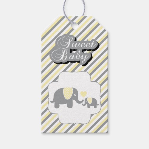 White Yellow  Gray Stripe Elephants Baby Shower Gift Tags