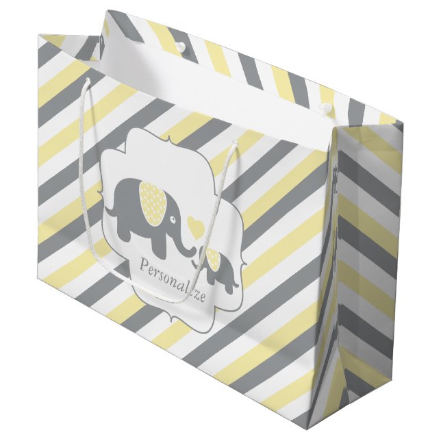 White, Yellow & Gray Stripe Elephants Baby Shower Large Gift Bag (Front Angled)