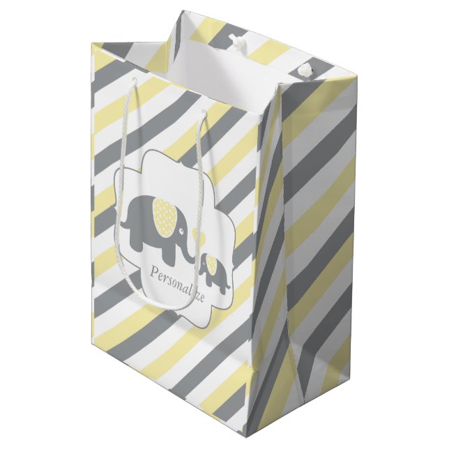 White, Yellow & Gray Stripe Elephants Baby Shower Medium Gift Bag (Front Angled)