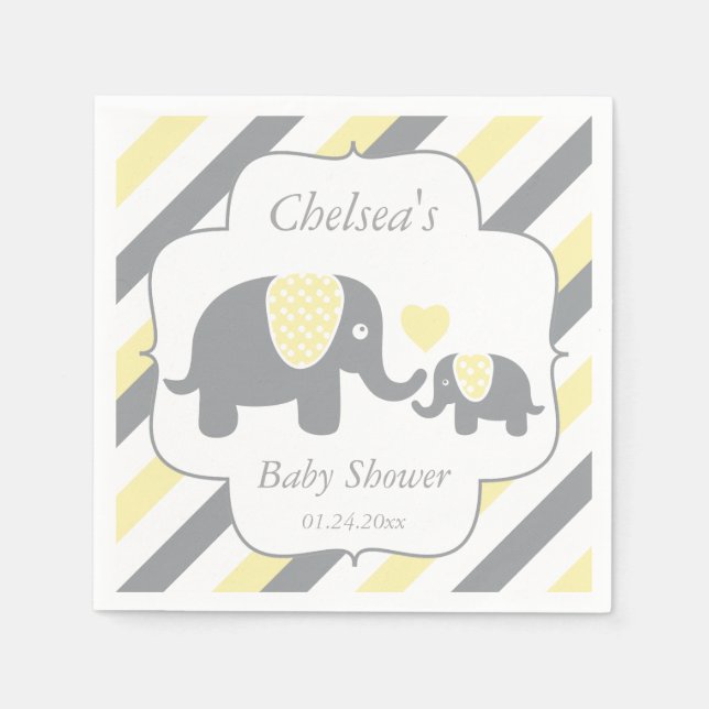 White, Yellow & Gray Stripe Elephants Baby Shower Paper Napkins (Front)