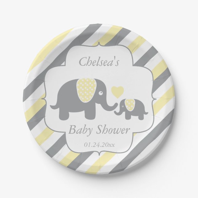 White, Yellow & Gray Stripe Elephants Baby Shower Paper Plates (Front)