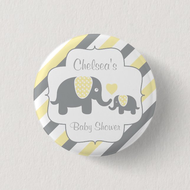 White, Yellow & Gray Stripe Elephants Baby Shower Pinback Button (Front)