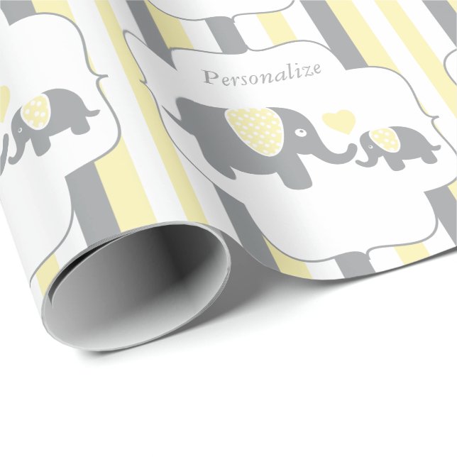 White, Yellow & Gray Stripe Elephants Baby Shower Wrapping Paper (Roll Corner)