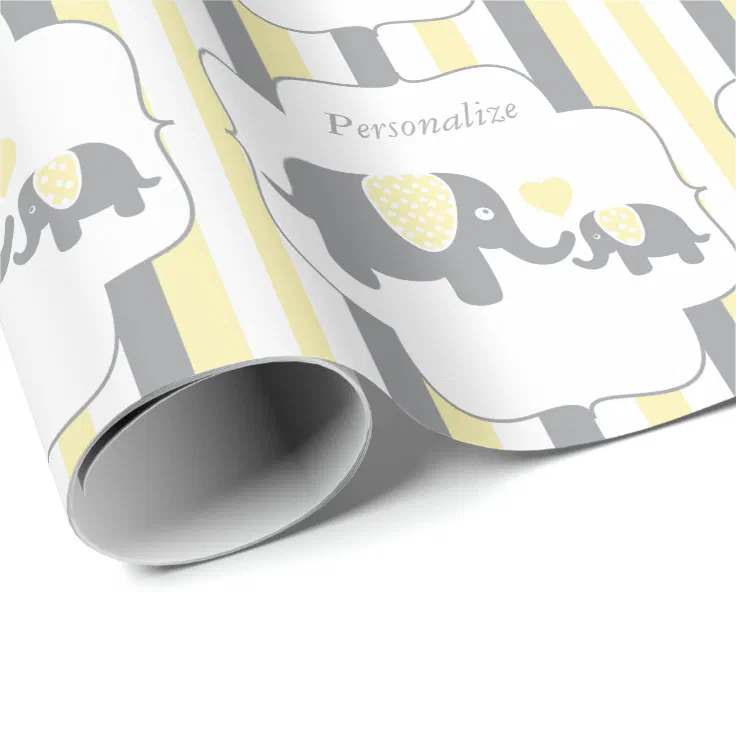 White, Yellow & Gray Stripe Elephants Baby Shower Wrapping Paper Zazzle