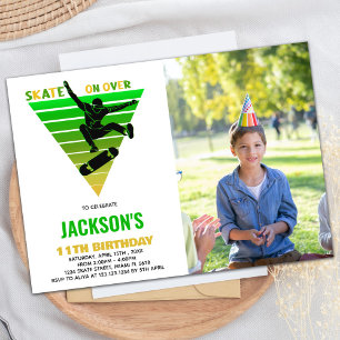 White Yellow Green Photo Skateboards Birthday Invitation