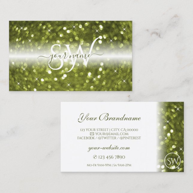 White Yellow Greenish Sparkle Glitter Initials Business Card (Front/Back)