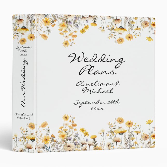 White Yellow Meadow Wildflowers Wedding Planner 3 Ring Binder (Front/Spine)