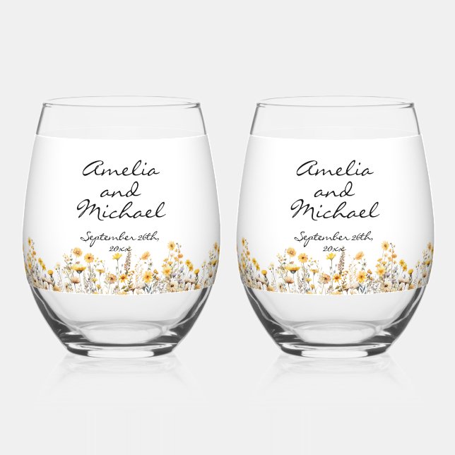 White Yellow Meadow Wildflowers Wedding Stemless Wine Glass (Front)