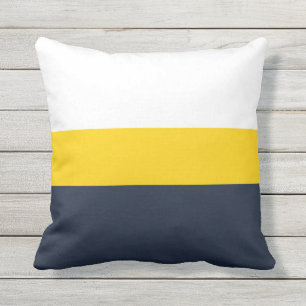 White Yellow & Navy Stripes Outdoor Pillow