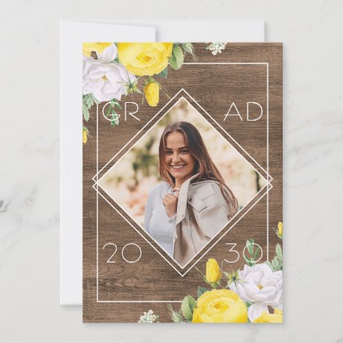 White Yellow Roses Floral Boho Rustic Graduation Announcement