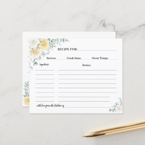 White  Yellow Roses Recipe Card Bridal Shower