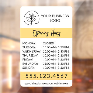 White & Yellow Small Business Logo Open Hours Window Cling