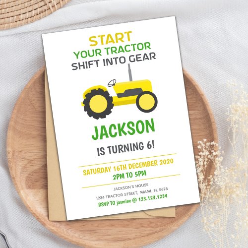 White Yellow Tractor Birthday Invitations