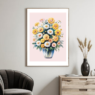 White yellow watercolor daisy bouquet poster
