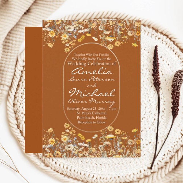White Yellow Wildflowers Terracotta Wedding  Invitation (Creator Uploaded)