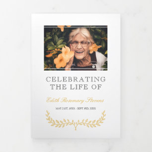White Yellow Wreath Photo Funeral Tri-Fold Program