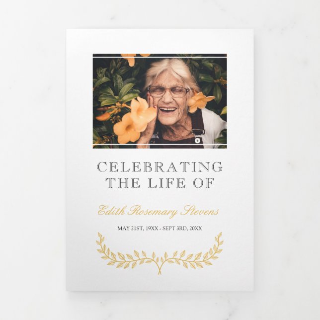 White Yellow Wreath Photo Funeral Tri-Fold Program (Cover)