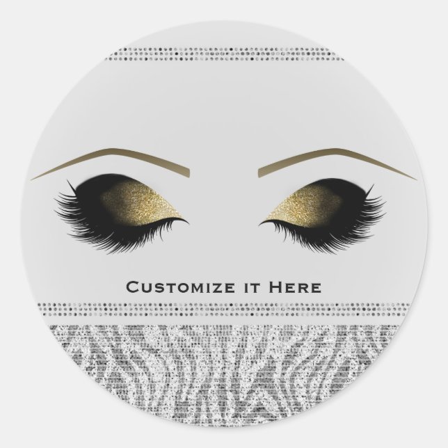 White Zebra Gold Makeup Eyelashes Glam Custom Classic Round Sticker (Front)