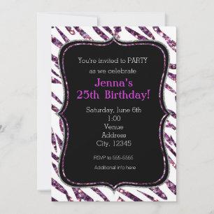 White Zebra Print Glam Glitter Party Invitations