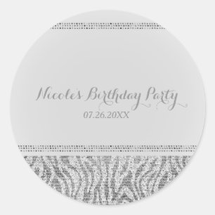 White Zebra Sparkle Sequins Glam Party Favor Chic Classic Round Sticker