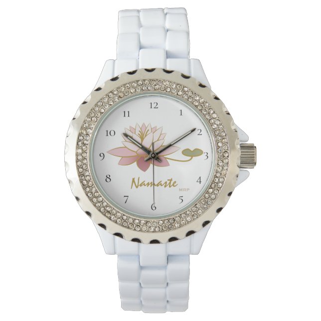 *~* White Zen Namaste Pink Lotus Flower Spiritual Watch (Front)