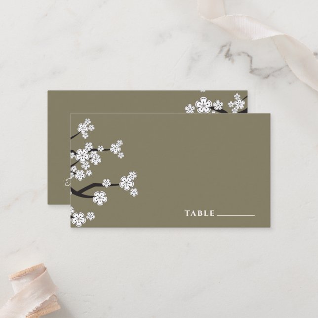 White Zen Sakura Cherry Blossoms Asian Wedding Place Card (Front/Back In Situ)