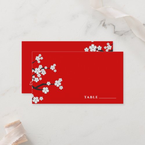 White Zen Sakura Cherry Blossoms Red Asian Wedding Place Card