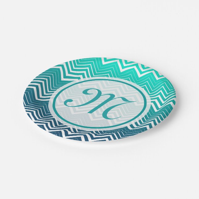 White Zigzag Chevron And Blue Green  Background Paper Plates (Angled)