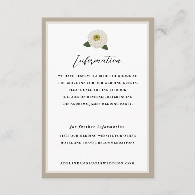White Zinnia Flower Hotel Information Wedding Enclosure Card (Front)