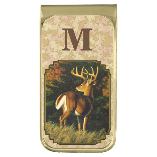 Whitetail Buck Autumn Leaves Gold Finish Money Clip (Front Vertical)