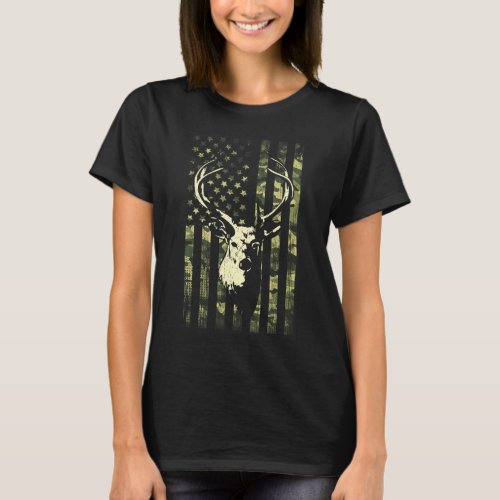 Whitetail Buck Deer Hunting American Flag Camoufla T_Shirt