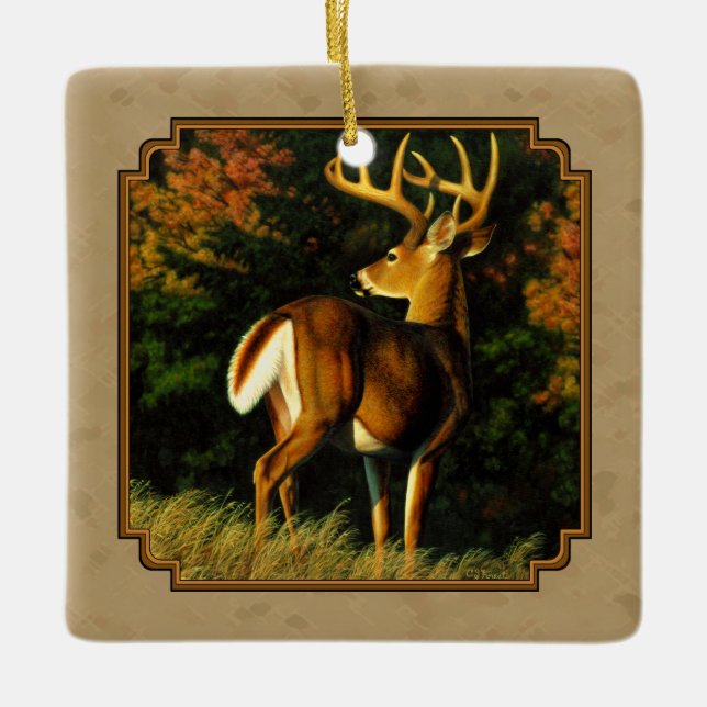 Whitetail Buck Deer Hunting Tan Ceramic Ornament (Front)
