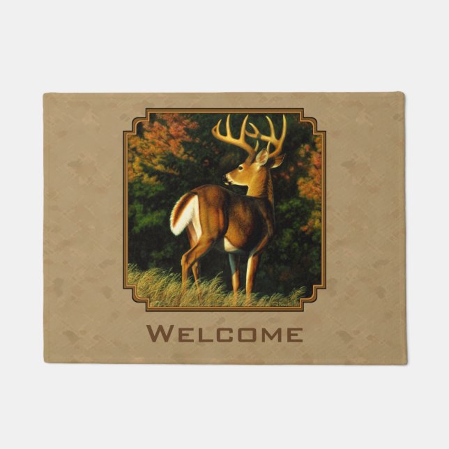 Whitetail Buck Deer Hunting Tan Doormat (Front)